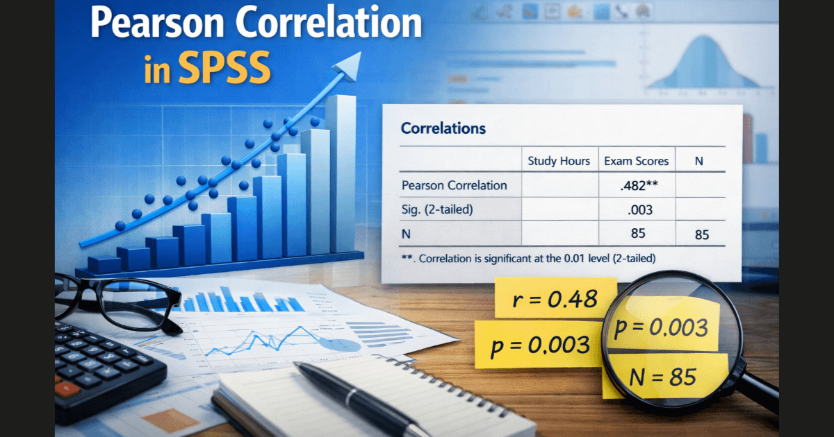 Pearson correlation SPSS output showing a scatterplot, correlation table, and statistical values for interpreting linear relationships