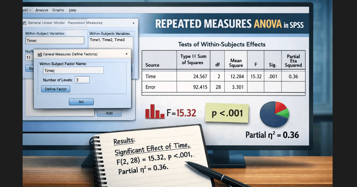 Repeated measures ANOVA in SPSS showing GLM setup, within-subject factors, and output table with F value, p value, and partial eta squared.