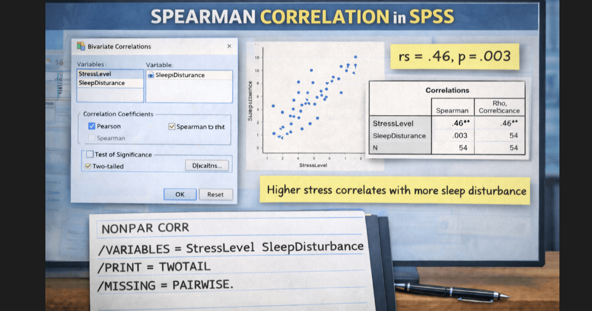 Spearman correlation in SPSS showing bivariate correlation setup, scatter plot, output table, and SPSS syntax.