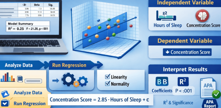A digital infographic explaining simple linear regression in SPSS, showing a laptop with SPSS output, a 3D scatter plot with a regression line, and icons illustrating predictor, outcome, assumptions, and interpretation steps.