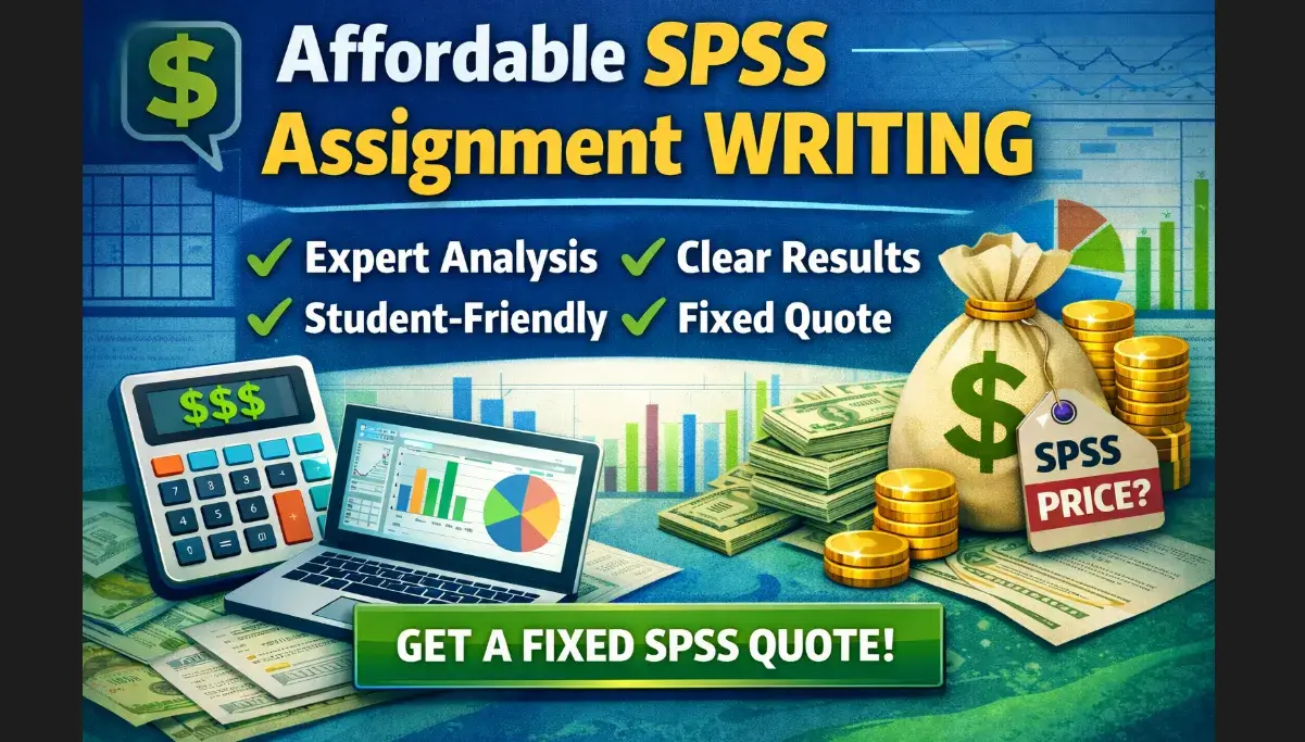 Affordable SPSS assignment writing graphic showing expert SPSS analysis support, student pricing, and fixed quote call to action