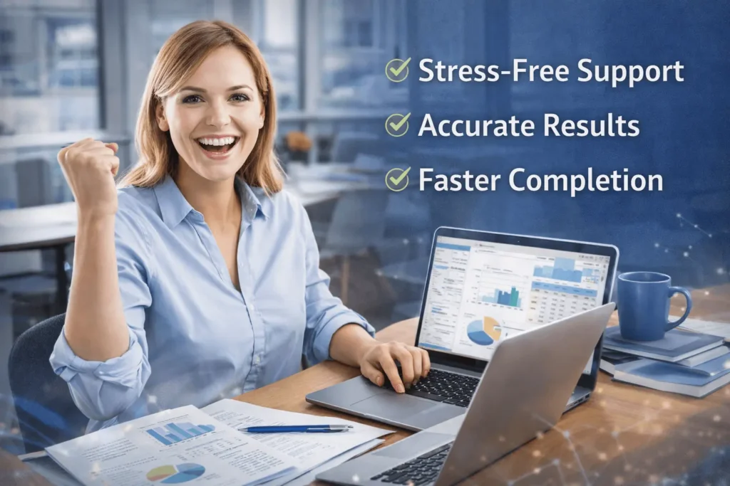 Dissertation Data Analysis Services Expert Support Dissertation Data Analysis Services expert supporting a student with statistical reports and charts on a laptop for accurate and fast research results