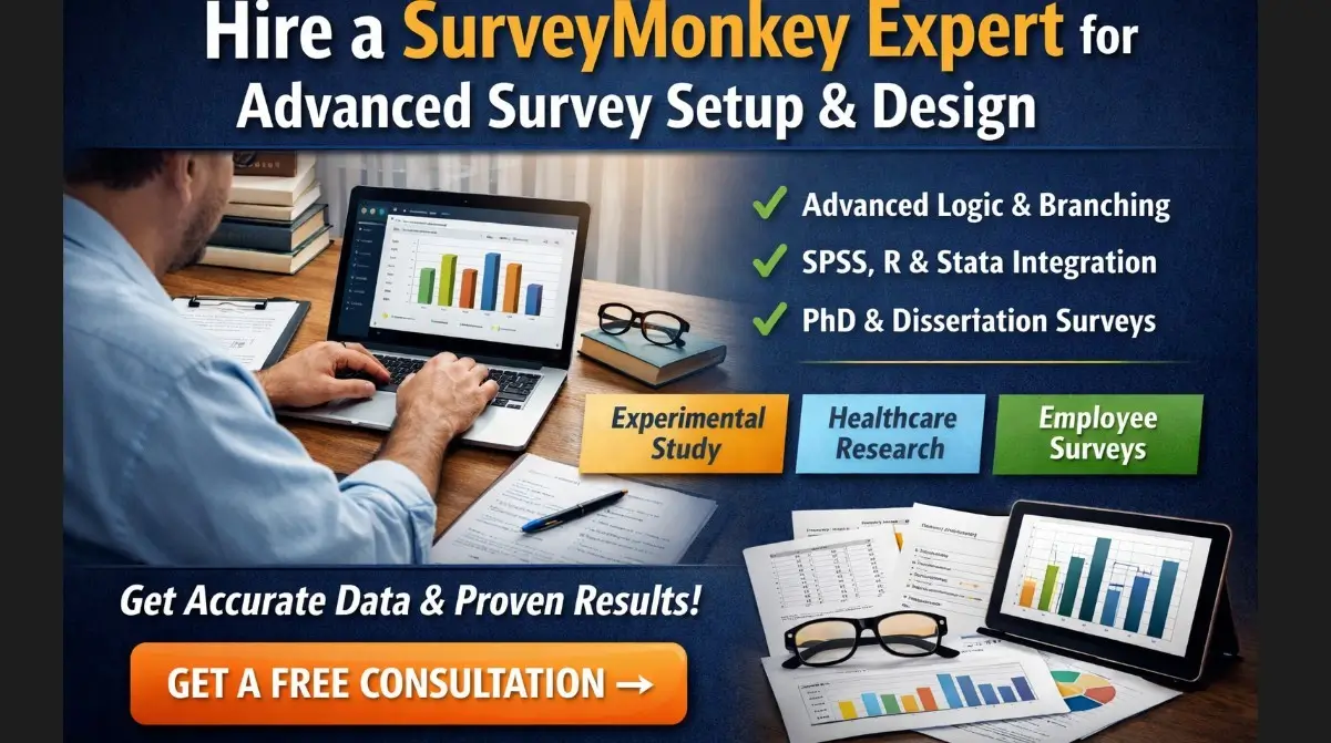 Professional researcher analyzing survey data on a laptop with charts and dashboards displayed, alongside printed statistical reports and glasses on a desk. Large headline reads “Hire a SurveyMonkey Expert for Advanced Survey Setup & Design” with highlighted services including advanced logic, SPSS and R integration, PhD and dissertation surveys. Visual emphasizes research-grade survey design, accurate data collection, statistical analysis readiness, and expert consultation for academic and professional projects.
