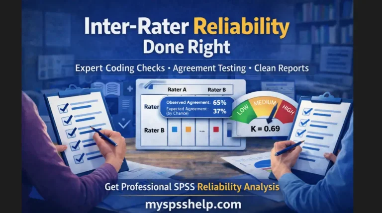 Inter-rater reliability analysis graphic showing coder agreement scoring, kappa gauge, and expert SPSS reliability analysis services for research projects