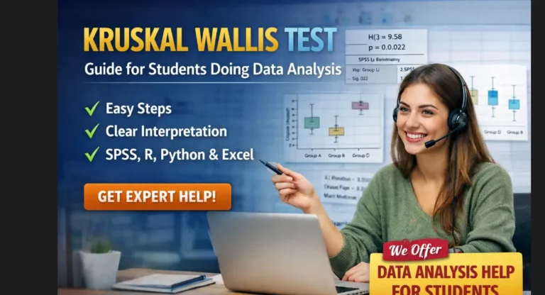 Kruskal Wallis test guide graphic showing step by step data analysis and student support services