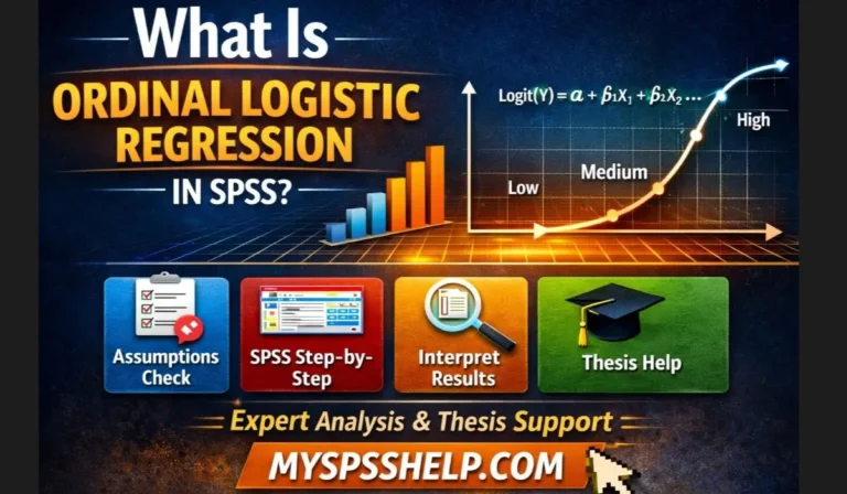 What is ordinal logistic regression in SPSS graphic showing ordered categories, logistic curve, equation, and step-by-step analysis icons with a call to action for expert thesis support at myspsshelp.com.