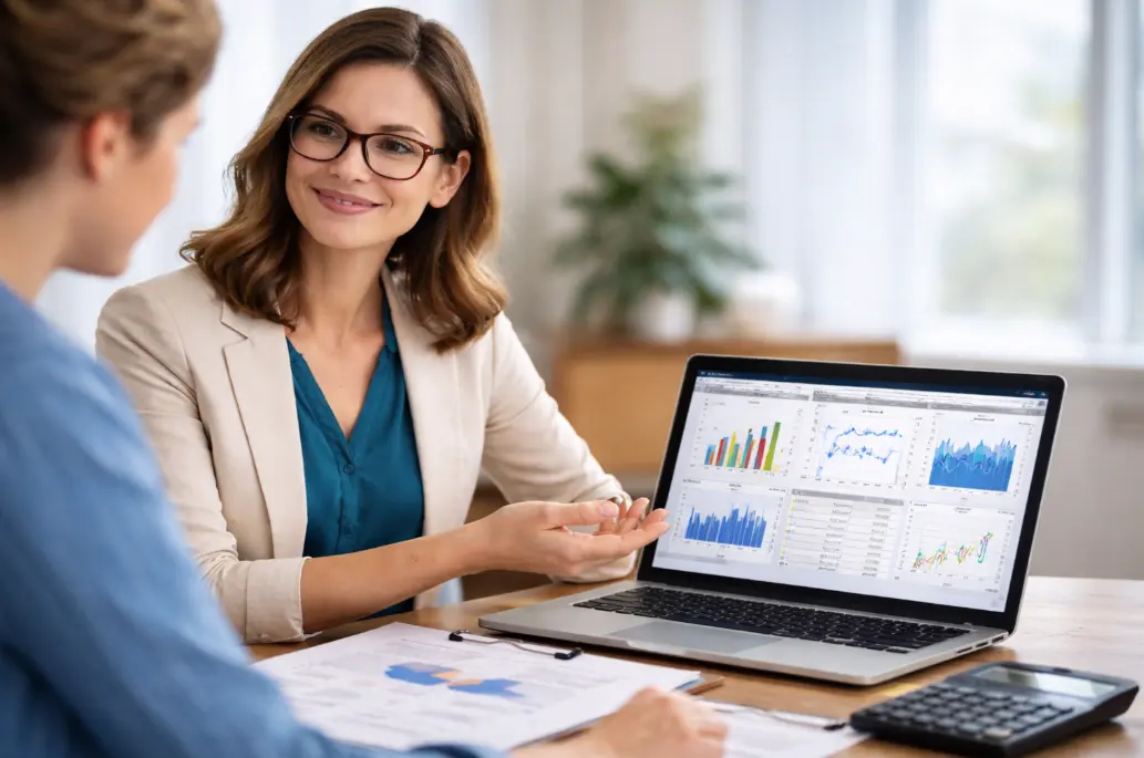Dissertation statistics tutor from myspsshelp.com explaining data analysis results to a student using charts and statistical software on a laptop