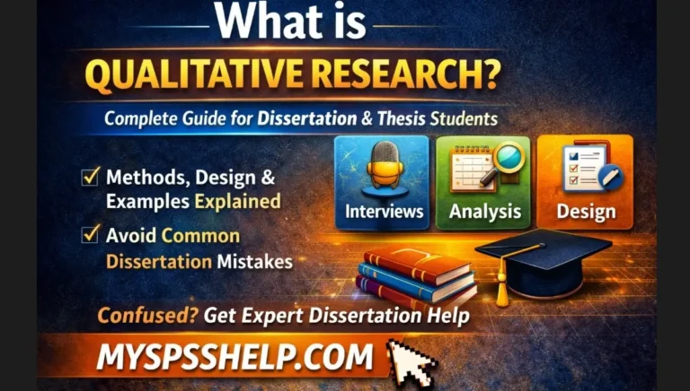 What is qualitative research graphic for dissertation students showing interviews, analysis, and research design icons with headline and call to action directing researchers to myspsshelp.com for expert dissertation and thesis support.