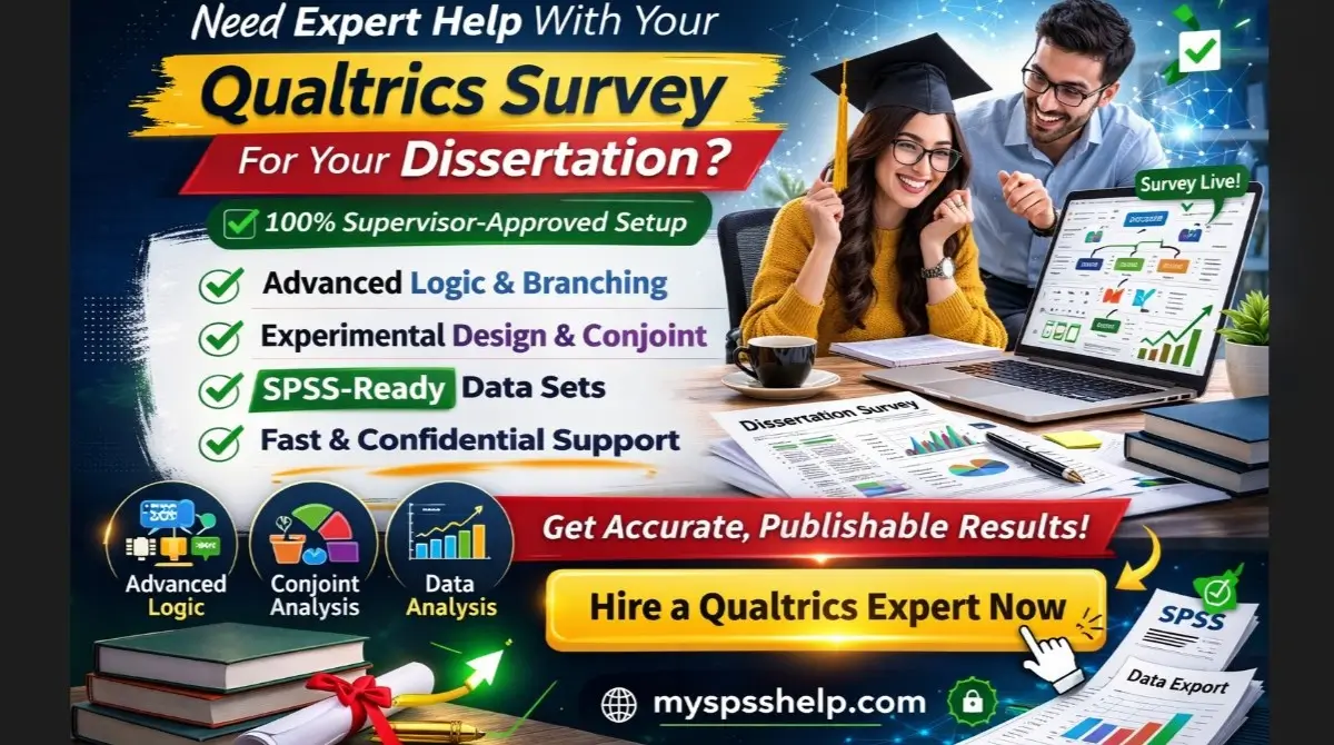 PhD student working on dissertation survey in Qualtrics with expert consultant providing advanced logic setup, conjoint design, and SPSS-ready dataset support from myspsshelp.com for academic research success.