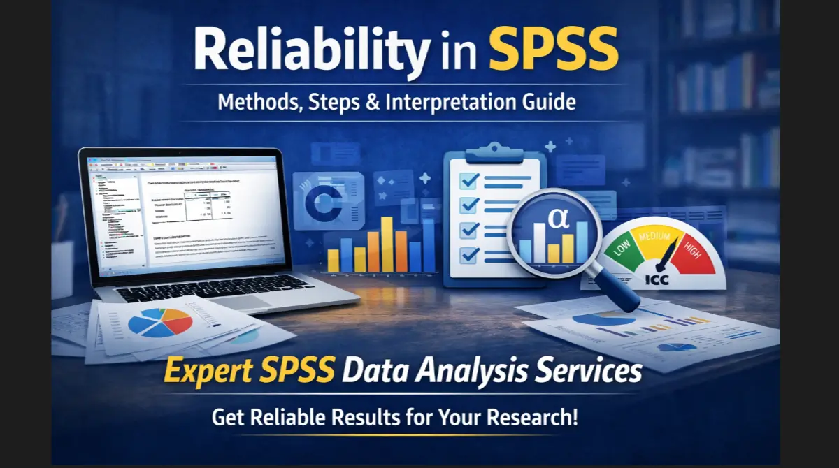 Reliability analysis in SPSS dashboard with charts and metrics, highlighting expert SPSS data analysis services for research projects