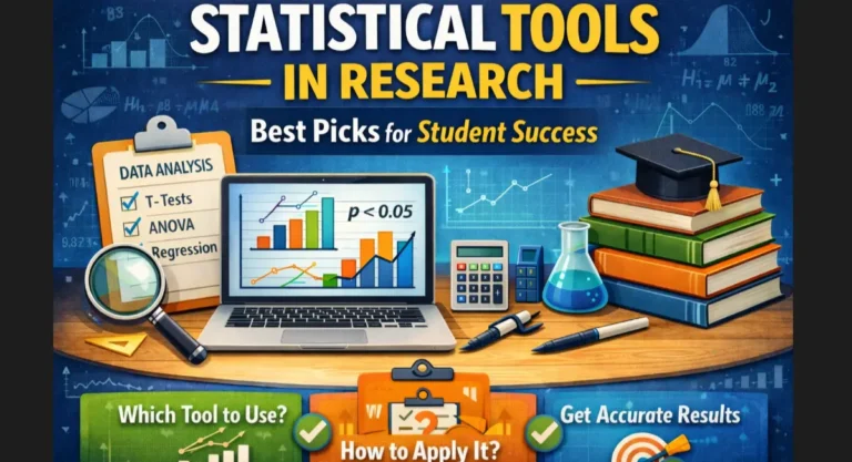 Statistical tools in research guide showing key methods like t-tests, ANOVA, and regression for student thesis and dissertation data analysis help