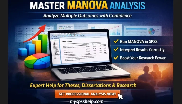 MANOVA analysis service graphic showing SPSS multivariate output with Wilks’ Lambda on a laptop, bold “Master MANOVA Analysis” headline, strong call-to-action, and myspsshelp.com displayed for dissertation and research support.