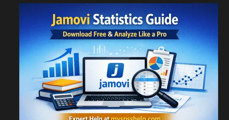Jamovi statistics guide banner showing Jamovi software on a laptop with charts and data reports, promoting free download and expert analysis help at myspsshelp.com