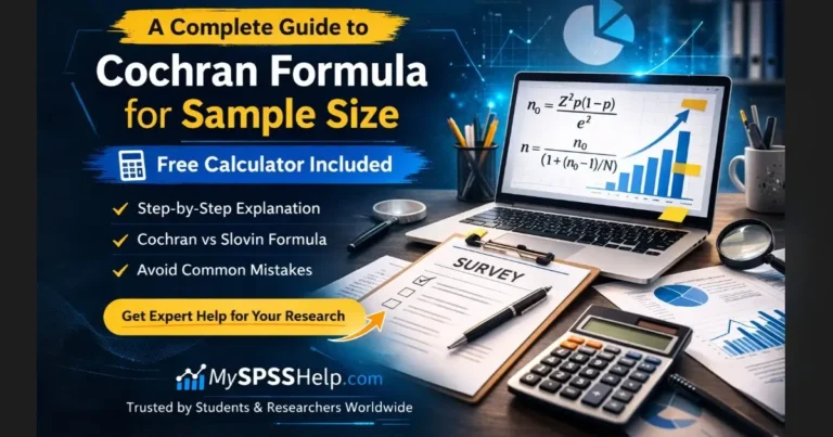 Cochran formula for sample size calculator with step by step guide showing sample size equation, confidence level, margin of error and survey research analysis for students and researchers