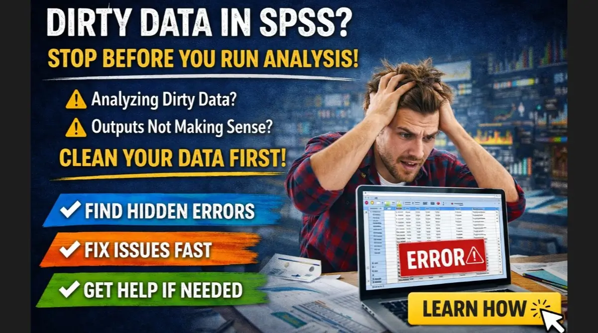 data cleaning spss illustration showing frustrated student with errors and messy dataset before analysis