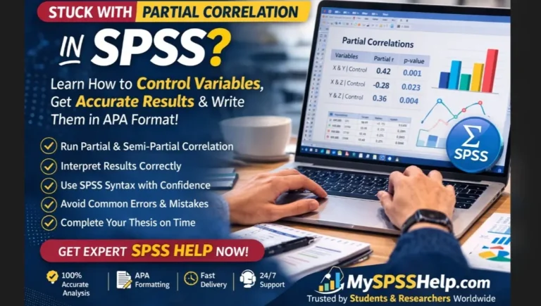 Partial correlation in SPSS output showing how to control variables, interpret correlation results, and get expert statistical analysis help at SPSS Dissertation Help