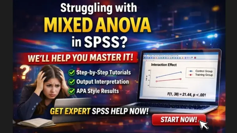 Student struggling with mixed ANOVA in SPSS while analyzing dissertation data on a laptop showing SPSS interaction effect output and results interpretation help for thesis statistics analysis.