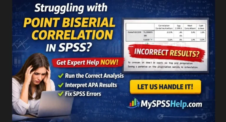 Point biserial correlation SPSS help showing how to run the analysis, interpret APA results, and fix incorrect SPSS outputs with expert assistance at myspsshelp.com