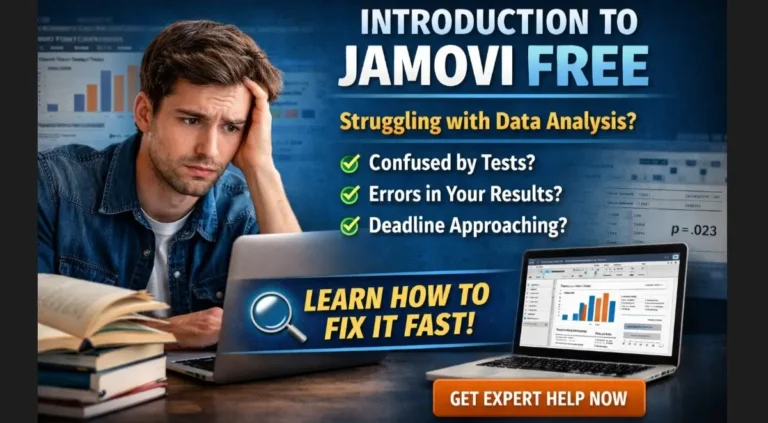 Introduction to jamovi free guide showing a stressed student struggling with data analysis, errors, and statistical tests with expert help solution