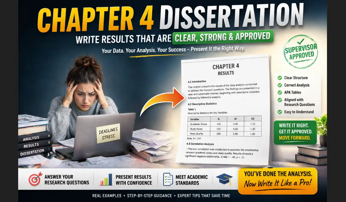 Chapter 4 dissertation results example showing a stressed student transforming messy analysis into a clear APA formatted results section that gets supervisor approval
