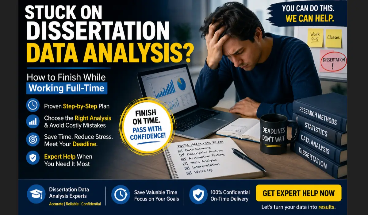 Stressed student struggling with dissertation data analysis while working full-time, highlighting expert SPSS and statistical help to finish on time