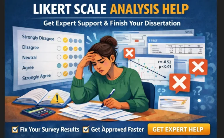 Likert scale analysis help showing a stressed student fixing survey data into clear SPSS results with expert support for faster dissertation approval