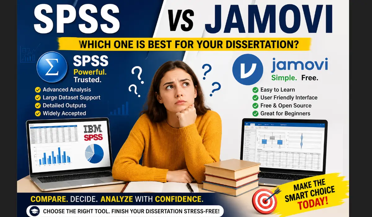 SPSS vs Jamovi comparison showing confused dissertation student choosing best statistical software for data analysis
