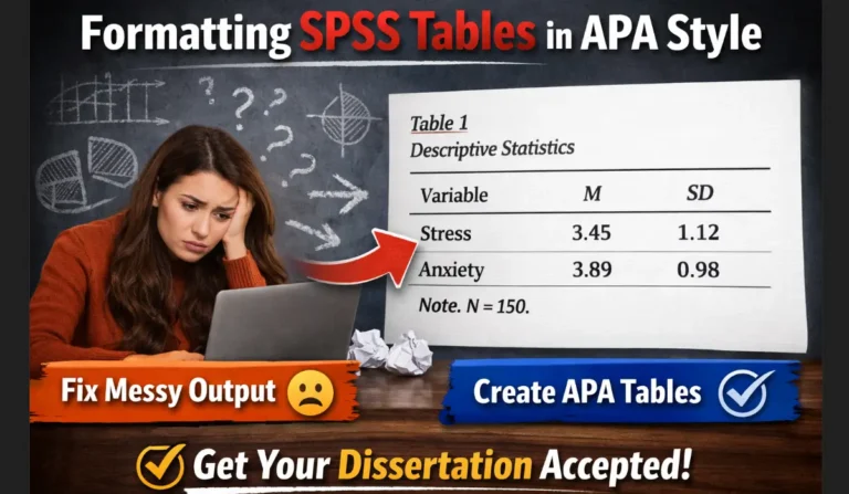 Formatting SPSS tables in APA format example showing messy SPSS output transformed into clean APA style table for dissertation results