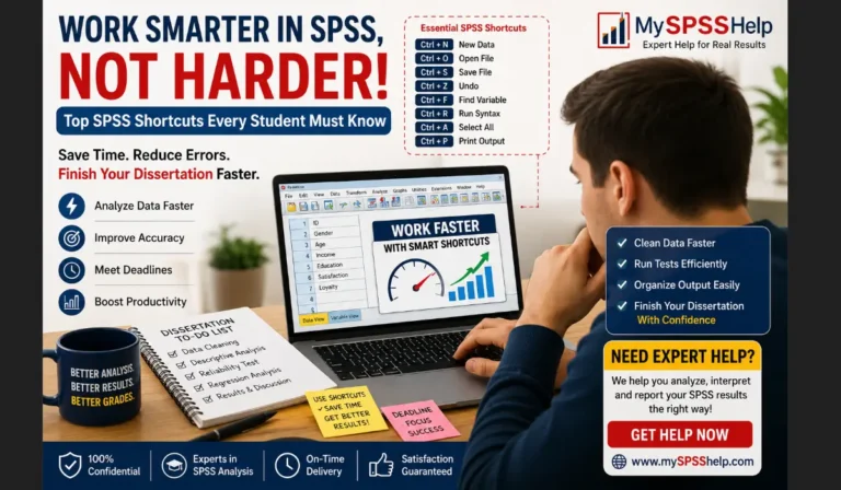 Student using SPSS shortcuts on a laptop to speed up dissertation data analysis, regression testing, and statistical reporting with expert SPSS help from mySPSShelp.com.