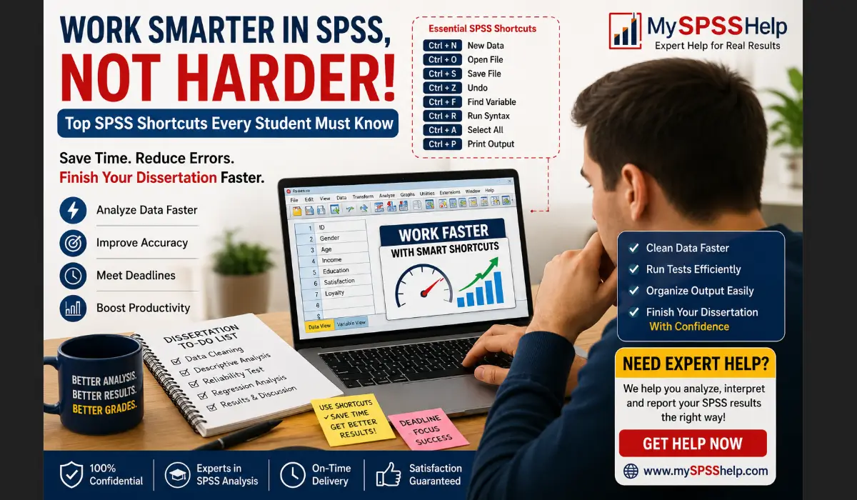 Student using SPSS shortcuts on a laptop to speed up dissertation data analysis, regression testing, and statistical reporting with expert SPSS help from mySPSShelp.com.
