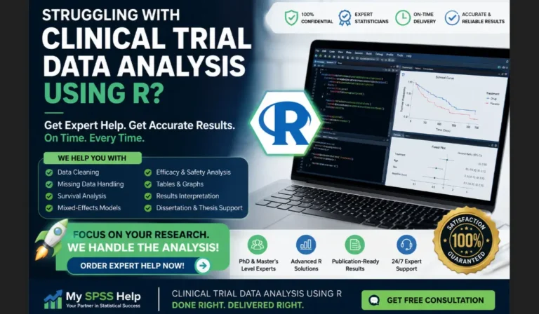 Clinical trial data analysis using R with expert support for survival analysis, mixed-effects models, missing data handling, and publication-ready results for dissertations and medical research.