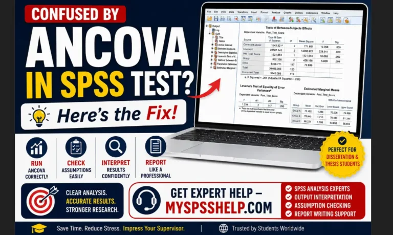 ANCOVA in SPSS tutorial image showing dissertation students how to run ANCOVA correctly, check assumptions, interpret SPSS output, and get expert statistical analysis help from myspsshelp.com.