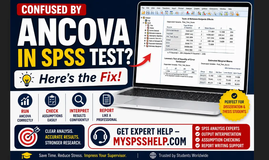 ANCOVA in SPSS tutorial image showing dissertation students how to run ANCOVA correctly, check assumptions, interpret SPSS output, and get expert statistical analysis help from myspsshelp.com.