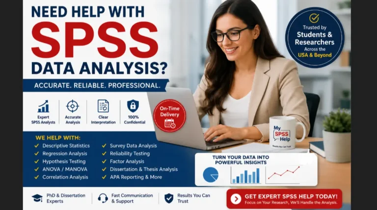 Professional SPSS data analysis services advertisement showing a researcher working on a laptop with highlights for dissertation statistics help, survey data analysis, regression analysis, APA reporting, and expert SPSS support from MySPSSHelp.