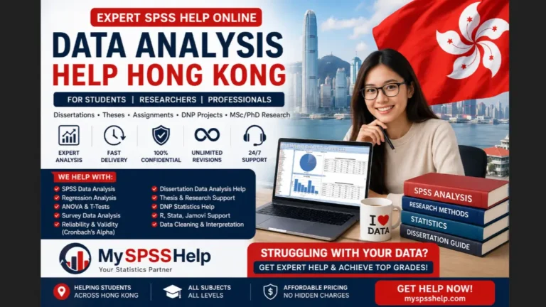 Data Analysis Help Hong Kong for university students needing expert SPSS support for dissertations, theses, DNP projects, assignments, survey data analysis, statistical testing, and research projects. Professional online statistics help featuring the Hong Kong flag, SPSS outputs, and academic research support from MySPSSHelp.com