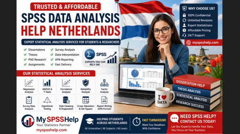Trusted SPSS Data Analysis Help Netherlands for students needing dissertation data analysis services, thesis statistics support, PhD statistical analysis, survey data analysis, regression analysis, ANOVA testing, and APA reporting. Professional online statistical analysis services featuring the Netherlands flag, SPSS outputs, and expert academic support from MySPSSHelp.com.