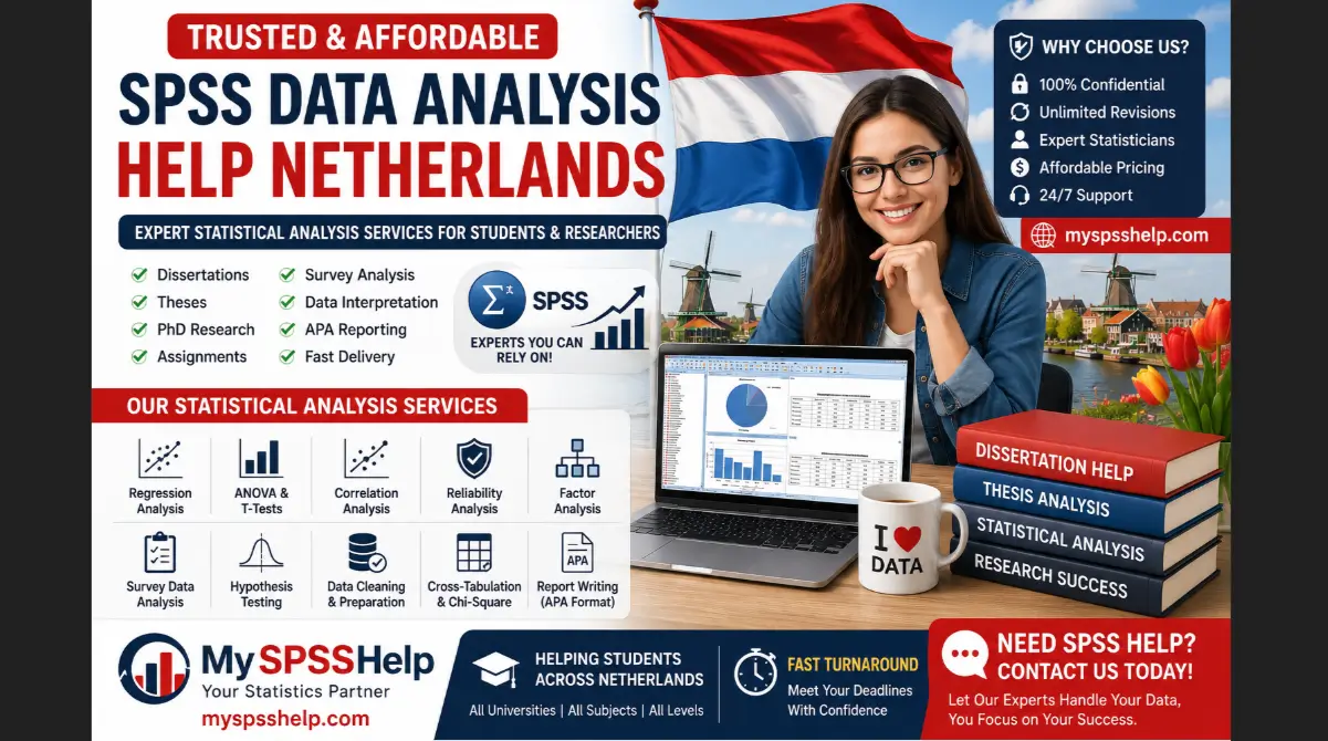 Trusted SPSS Data Analysis Help Netherlands for students needing dissertation data analysis services, thesis statistics support, PhD statistical analysis, survey data analysis, regression analysis, ANOVA testing, and APA reporting. Professional online statistical analysis services featuring the Netherlands flag, SPSS outputs, and expert academic support from MySPSSHelp.com.
