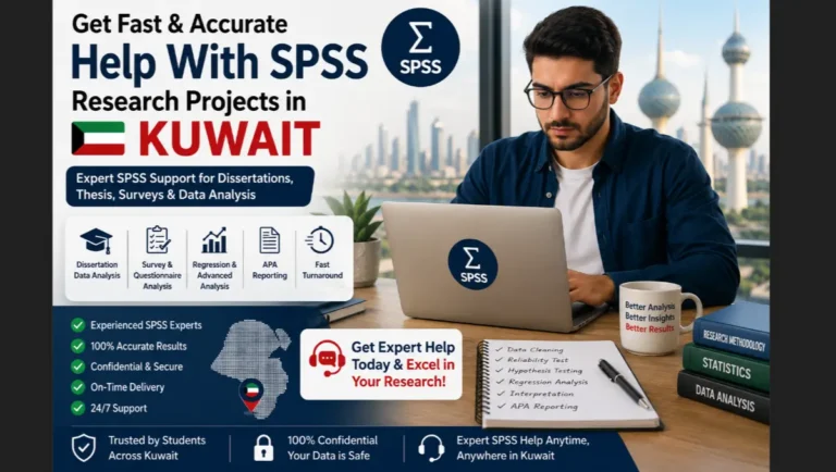 Professional SPSS research support advertisement for students in Kuwait featuring a postgraduate researcher working on SPSS analysis with services for dissertation statistics, survey data analysis, regression analysis, APA reporting, and thesis data interpretation.