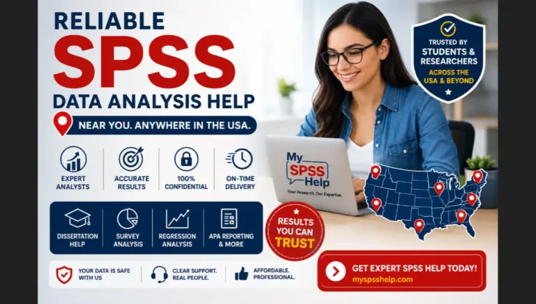 Professional SPSS data analysis help advertisement showing a student working on a laptop with highlights for dissertation statistics, survey analysis, regression analysis, APA reporting, and trusted online SPSS support from MySPSSHelp across the United States.