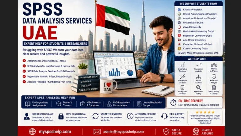 SPSS Data Analysis UAE services for students in Dubai, Abu Dhabi, and Sharjah, featuring expert support for dissertations, thesis projects, questionnaire analysis, survey data analysis, assignments, and PhD research.