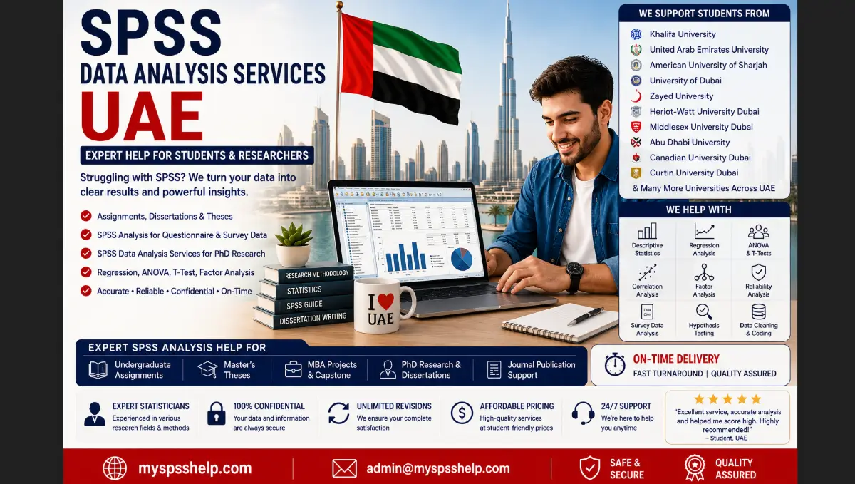 SPSS Data Analysis UAE services for students in Dubai, Abu Dhabi, and Sharjah, featuring expert support for dissertations, thesis projects, questionnaire analysis, survey data analysis, assignments, and PhD research.