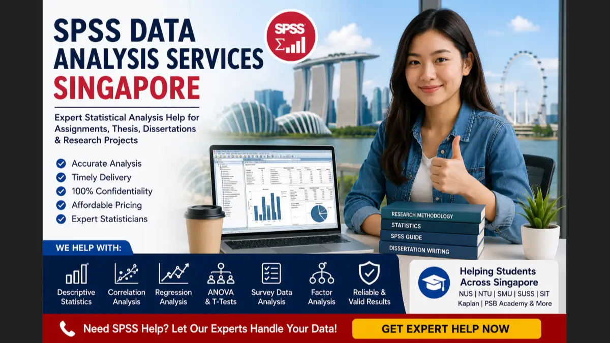 Student in Singapore receiving expert SPSS data analysis support for thesis, dissertation, assignment, and survey research projects with statistical analysis displayed on a laptop and Singapore skyline in the background.