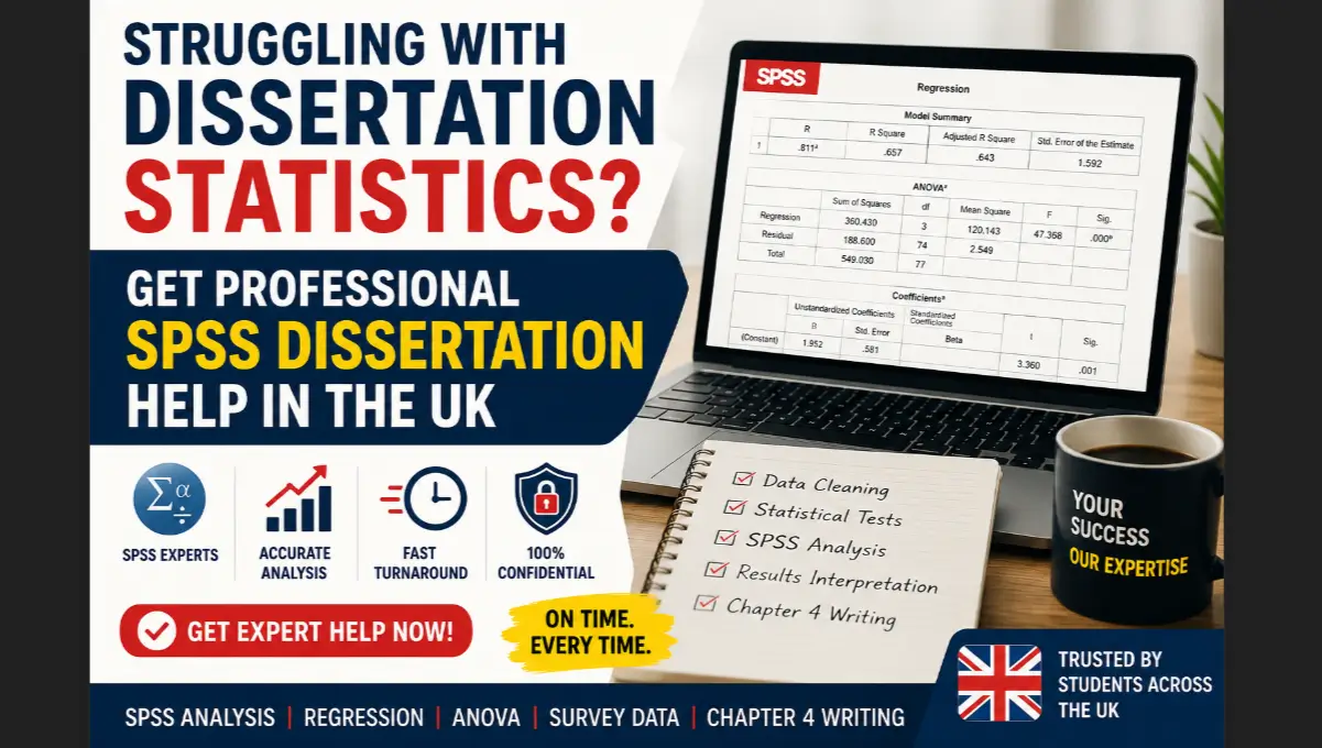 UK dissertation student getting professional SPSS dissertation help with regression analysis, ANOVA, survey data analysis, and Chapter 4 statistical support on a laptop displaying SPSS outputs.