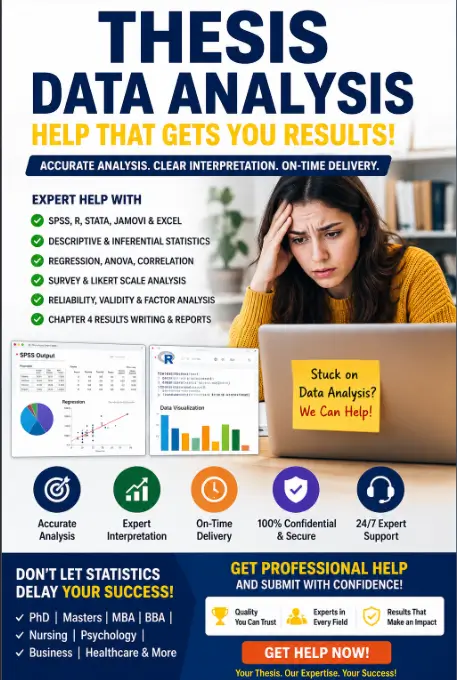 Professional thesis data analysis help infographic showing a stressed student struggling with SPSS statistics, regression analysis, survey data interpretation, and Chapter 4 thesis reporting with expert statistical support solutions.