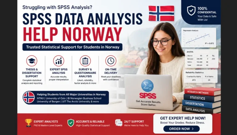 Norwegian university student using SPSS for thesis data analysis with expert statistical support services for dissertation, survey analysis, regression, and SPSS assignments in Norway.