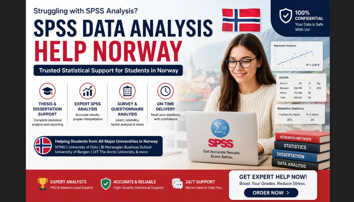 Norwegian university student using SPSS for thesis data analysis with expert statistical support services for dissertation, survey analysis, regression, and SPSS assignments in Norway.