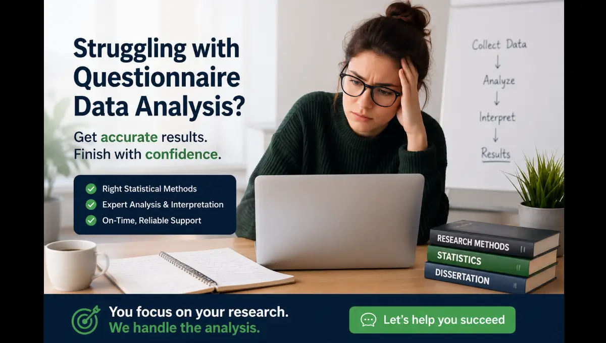 Professional statistical analysis of questionnaire data for dissertations, theses, and research projects by expert statisticians helping MSc and PhD students worldwide using SPSS, R, Stata, Jamovi, and Excel.